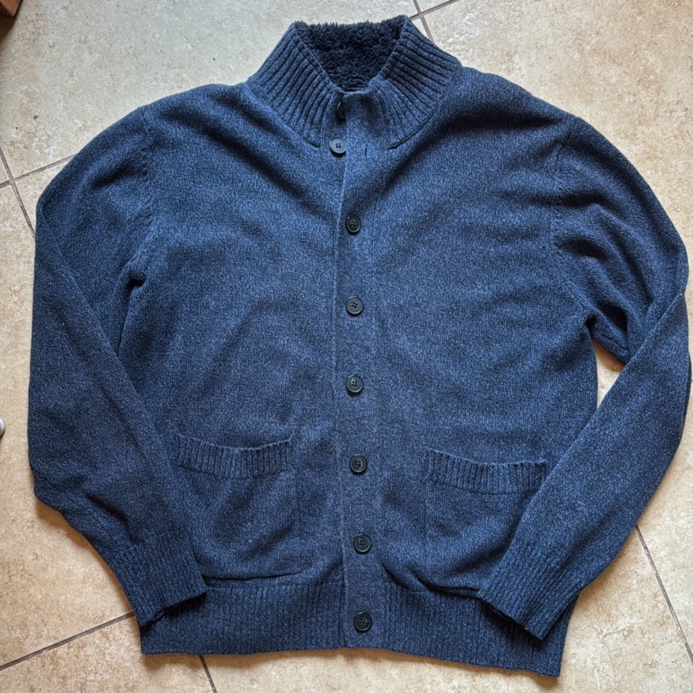 Oscar de la Renta Blue Button Front Cardigan Sweater Sherpa Collar Mens Large